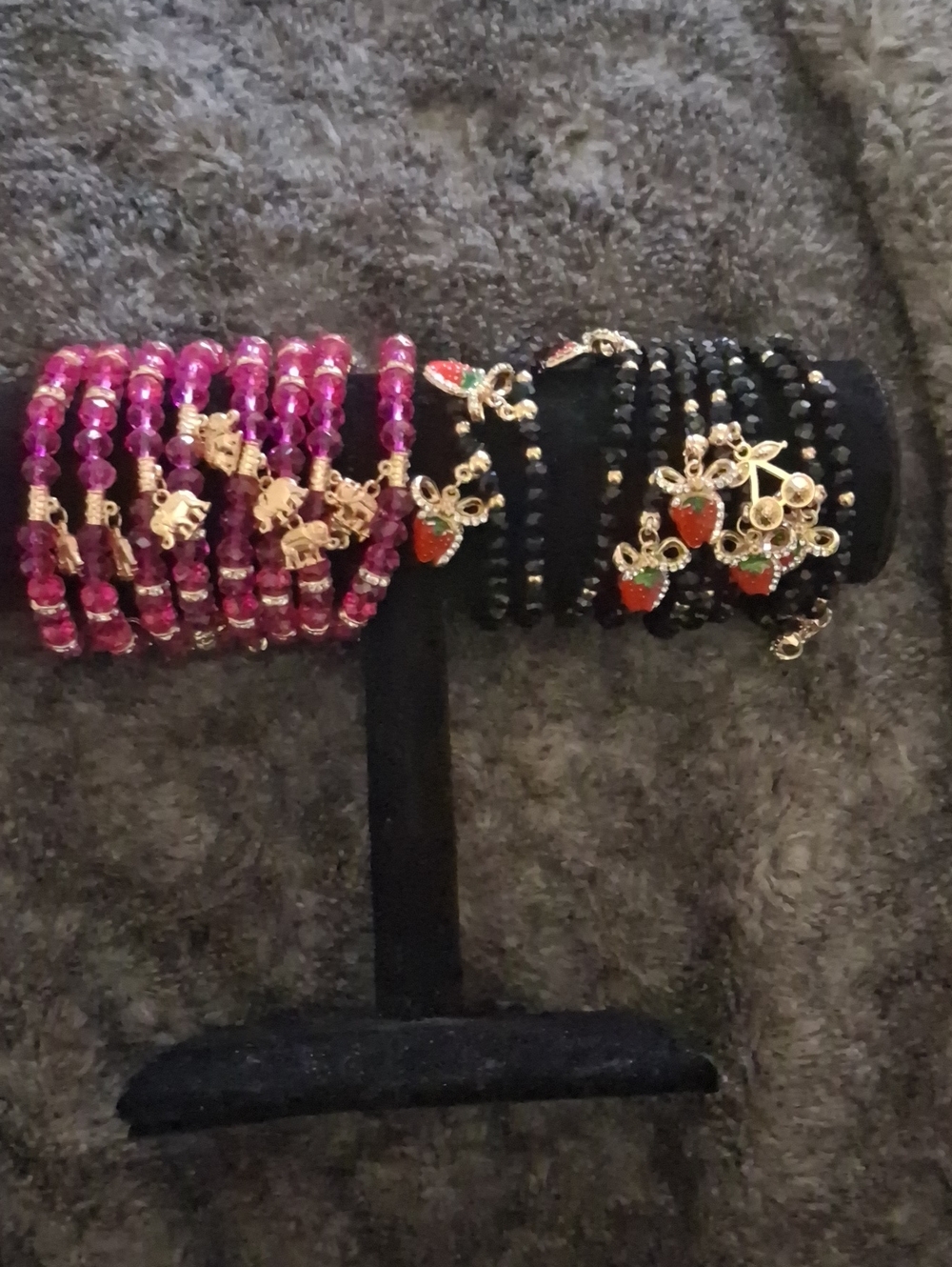 2 FOR 1  Beaded Stackable Charm Bracelets - Black and Pink